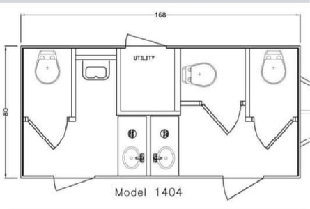 Four-stall portable toilet rental with separate men’s and women’s facilities. With hand-washing sinks.
