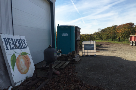 North Coast Sanitation single portable toilet unit in use for farm employees and orchard visitors at West Gate Farms in North East, PA.